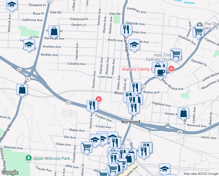 map of restaurants, bars, coffee shops, grocery stores, and more near 2042 Ross Avenue in Cincinnati