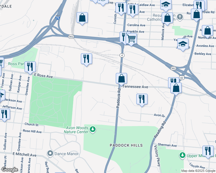 map of restaurants, bars, coffee shops, grocery stores, and more near 4591 Paddock Road in Cincinnati