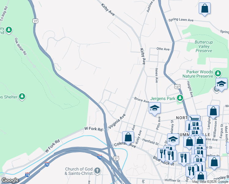 map of restaurants, bars, coffee shops, grocery stores, and more near 4263 Badgeley Street in Cincinnati