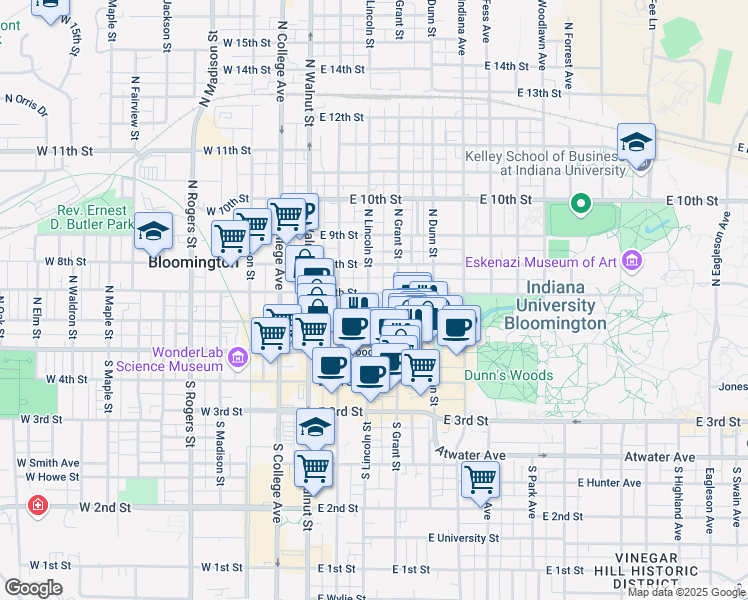 map of restaurants, bars, coffee shops, grocery stores, and more near 309 East 6th Street in Bloomington