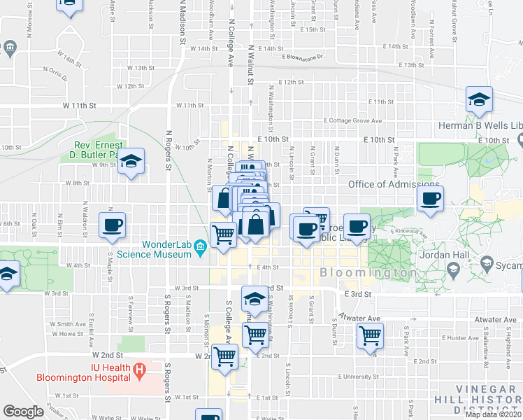 map of restaurants, bars, coffee shops, grocery stores, and more near 210 North Walnut Street in Bloomington