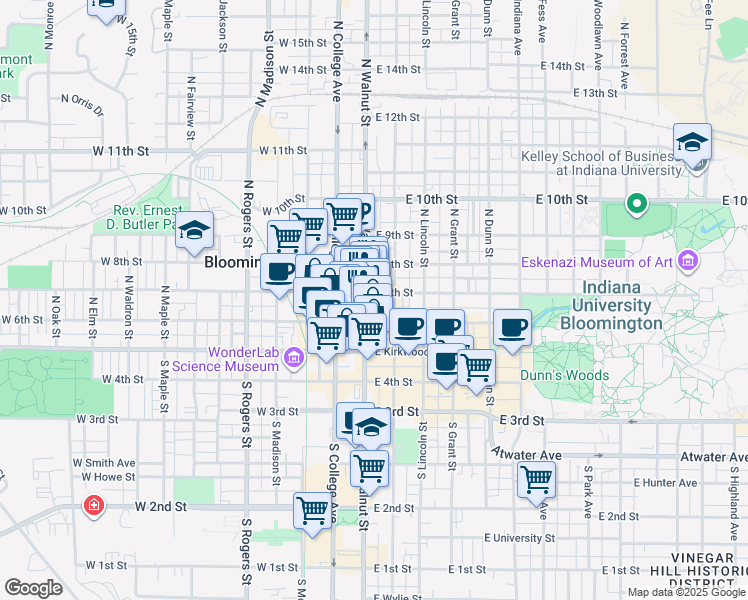 map of restaurants, bars, coffee shops, grocery stores, and more near 210 North Walnut Street in Bloomington