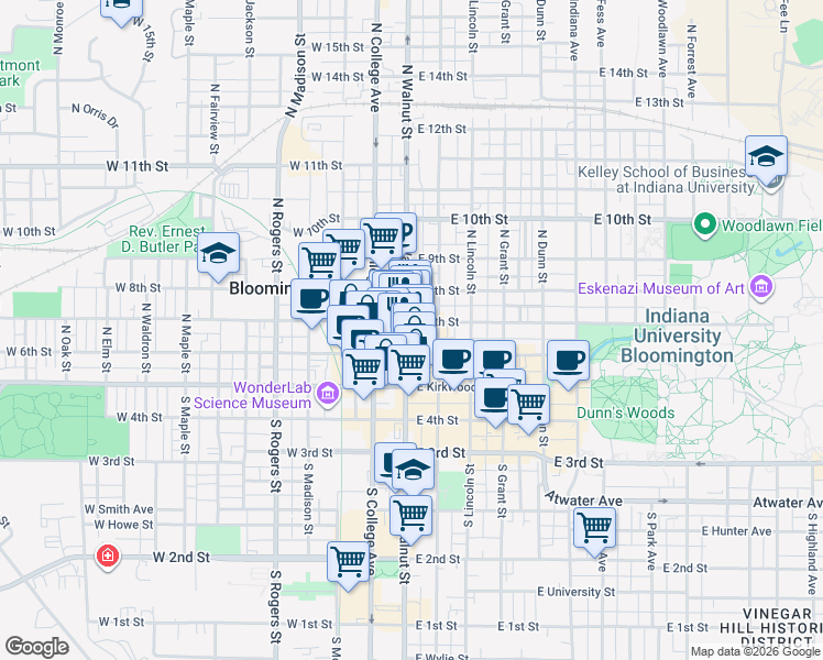 map of restaurants, bars, coffee shops, grocery stores, and more near 210 North Walnut Street in Bloomington