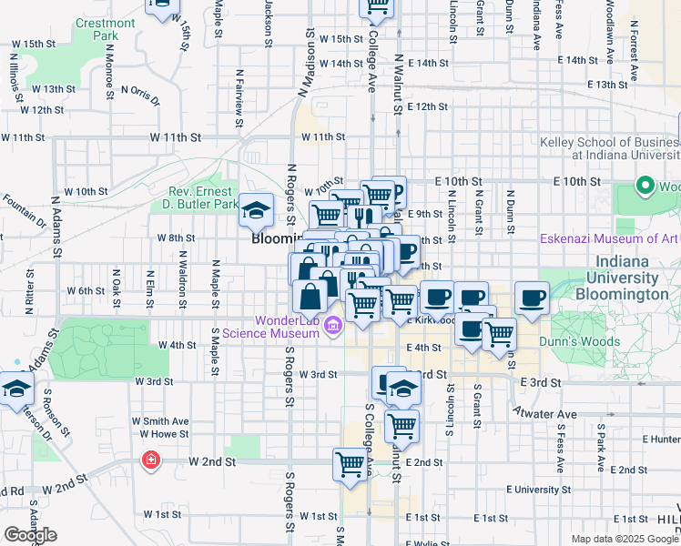 map of restaurants, bars, coffee shops, grocery stores, and more near 300 West 6th Street in Bloomington