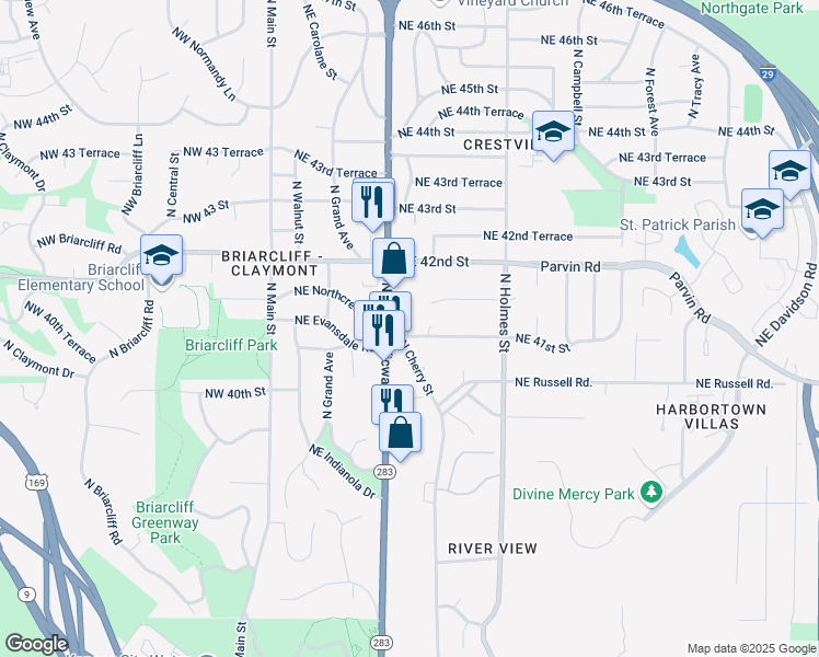 map of restaurants, bars, coffee shops, grocery stores, and more near 4027 North Oak Trafficway in Kansas City