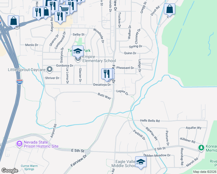 map of restaurants, bars, coffee shops, grocery stores, and more near 3695 Desatoya Drive in Carson City