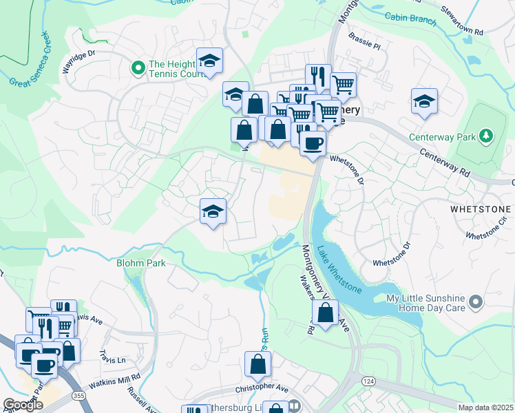 map of restaurants, bars, coffee shops, grocery stores, and more near 10000 Stedwick Road in Montgomery Village