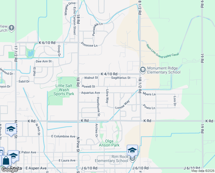map of restaurants, bars, coffee shops, grocery stores, and more near 599 Libra Way in Fruita