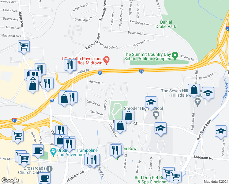 map of restaurants, bars, coffee shops, grocery stores, and more near 4312 Duck Creek Road in Cincinnati