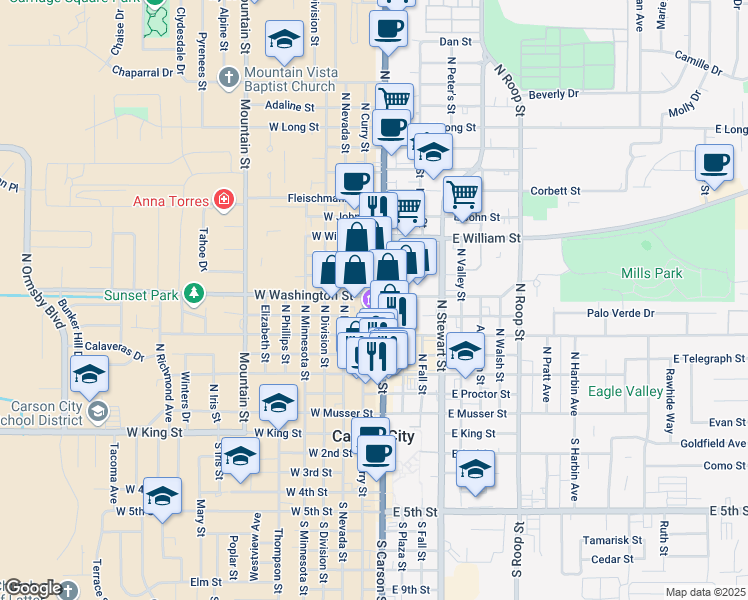 map of restaurants, bars, coffee shops, grocery stores, and more near 600 North Carson Street in Carson City