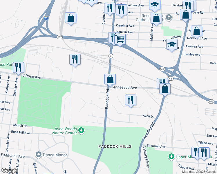 map of restaurants, bars, coffee shops, grocery stores, and more near Paddock Rd & Tennessee Ave in Cincinnati