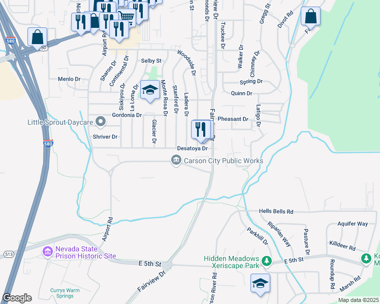 map of restaurants, bars, coffee shops, grocery stores, and more near 3673 Desatoya Drive in Carson City