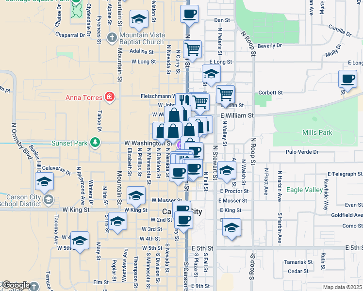 map of restaurants, bars, coffee shops, grocery stores, and more near 716 North Carson Street in Carson City