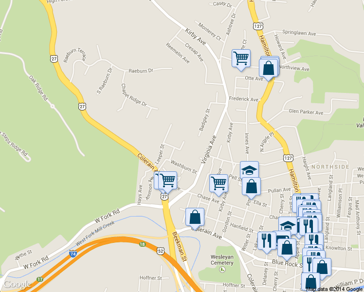 map of restaurants, bars, coffee shops, grocery stores, and more near 4263 Badgeley Street in Cincinnati