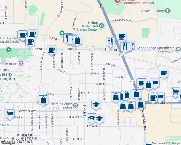 map of restaurants, bars, coffee shops, grocery stores, and more near 301 North Jefferson Street in Bloomington