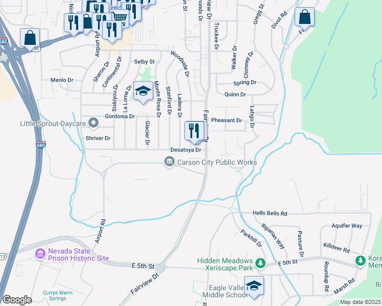 map of restaurants, bars, coffee shops, grocery stores, and more near 3673 Desatoya Drive in Carson City