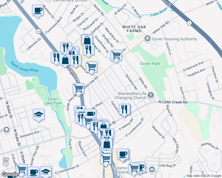 map of restaurants, bars, coffee shops, grocery stores, and more near 117 Upland Avenue in Dover