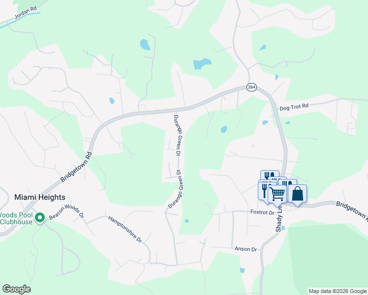map of restaurants, bars, coffee shops, grocery stores, and more near 3990 Durango Green Drive in Cleves