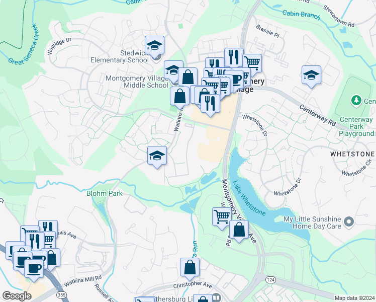 map of restaurants, bars, coffee shops, grocery stores, and more near 19007 Mills Choice Road in Montgomery Village