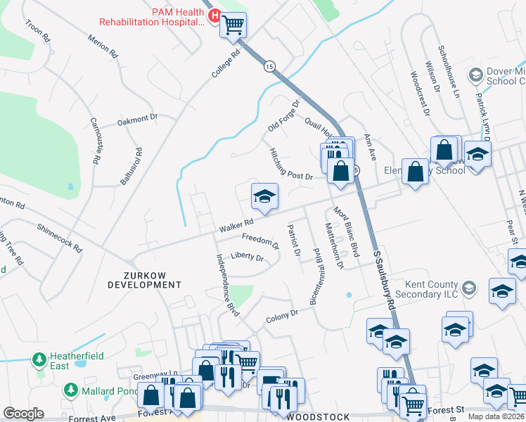 map of restaurants, bars, coffee shops, grocery stores, and more near 1156 Walker Road in Dover