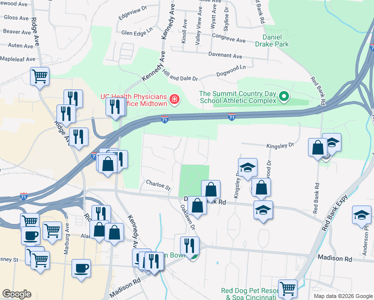 map of restaurants, bars, coffee shops, grocery stores, and more near 4308 Strathmore Drive in Cincinnati