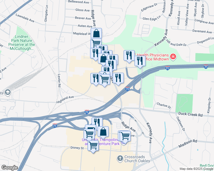 map of restaurants, bars, coffee shops, grocery stores, and more near 5245 Ridge Avenue in Cincinnati