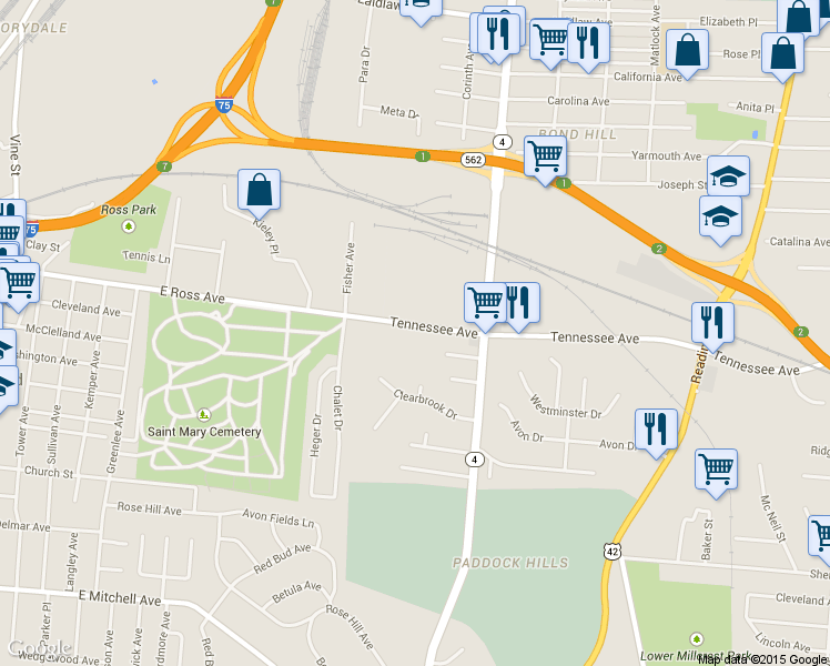 map of restaurants, bars, coffee shops, grocery stores, and more near 1001 Tennessee Avenue in Cincinnati