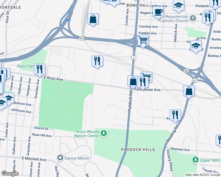 map of restaurants, bars, coffee shops, grocery stores, and more near 1001 Tennessee Avenue in Cincinnati