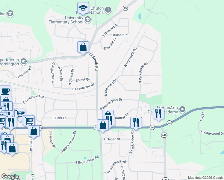 map of restaurants, bars, coffee shops, grocery stores, and more near 228 North Sheffield Drive in Bloomington