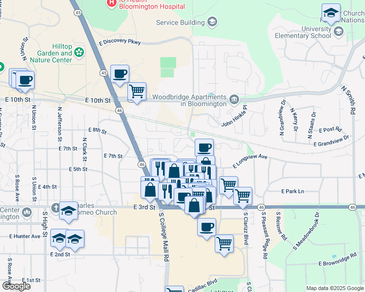 map of restaurants, bars, coffee shops, grocery stores, and more near 301 North Pete Ellis Drive in Bloomington