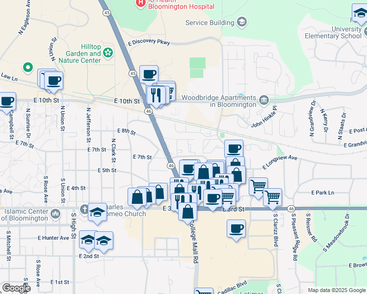 map of restaurants, bars, coffee shops, grocery stores, and more near 2671 East 7th Street in Bloomington
