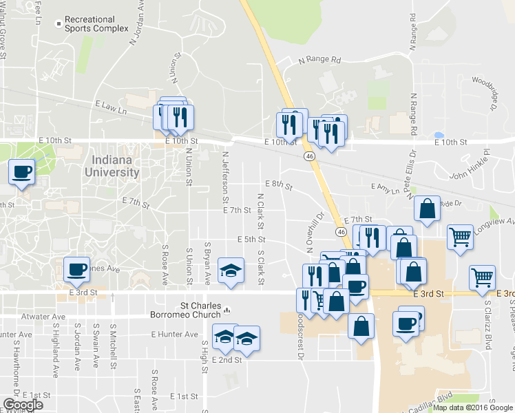 map of restaurants, bars, coffee shops, grocery stores, and more near 134 North Clark Street in Bloomington