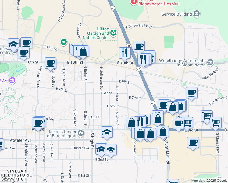 map of restaurants, bars, coffee shops, grocery stores, and more near 134 North Clark Street in Bloomington