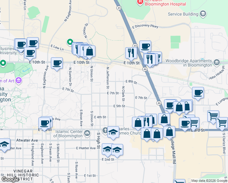 map of restaurants, bars, coffee shops, grocery stores, and more near 2210 East 7th Street in Bloomington