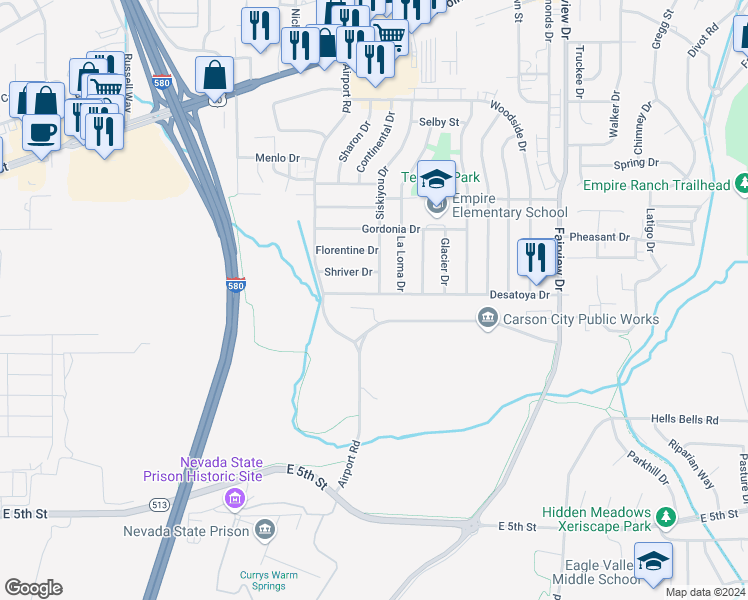 map of restaurants, bars, coffee shops, grocery stores, and more near 3193 Desatoya Drive in Carson City