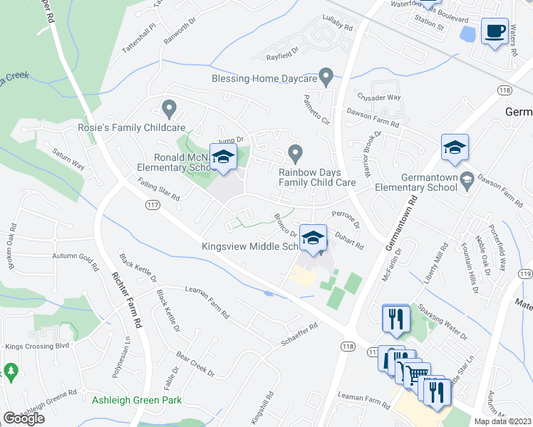 map of restaurants, bars, coffee shops, grocery stores, and more near 19020 Bronco Drive in Germantown