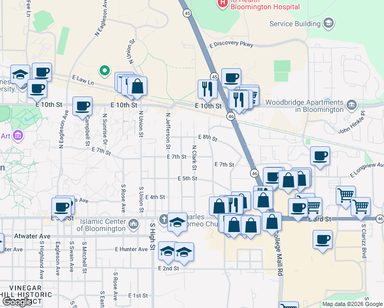 map of restaurants, bars, coffee shops, grocery stores, and more near 134 North Clark Street in Bloomington