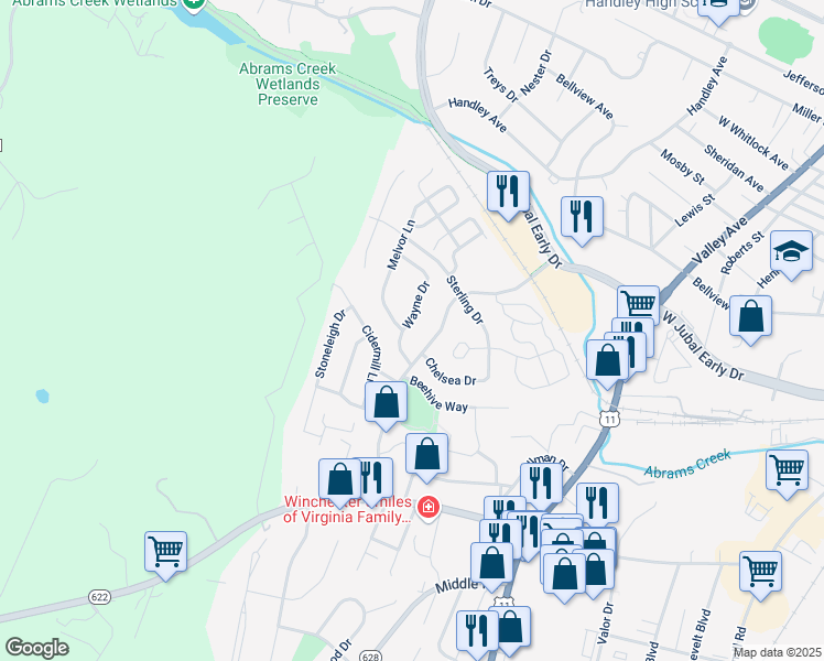 map of restaurants, bars, coffee shops, grocery stores, and more near 910 Wayne Drive in Winchester