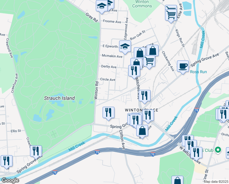 map of restaurants, bars, coffee shops, grocery stores, and more near 721 Mellwood Avenue in Cincinnati
