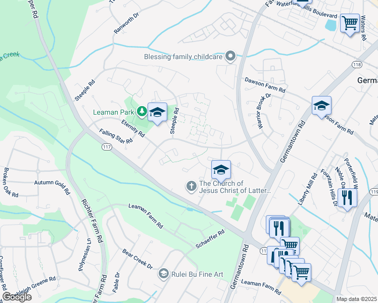 map of restaurants, bars, coffee shops, grocery stores, and more near 19020 Bronco Drive in Germantown