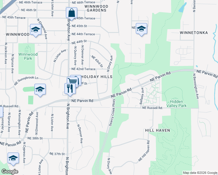 map of restaurants, bars, coffee shops, grocery stores, and more near 4121 North Drury Avenue in Kansas City
