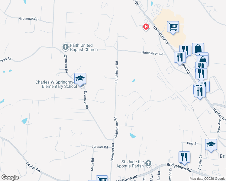 map of restaurants, bars, coffee shops, grocery stores, and more near 4165 Hutchinson Road in Cincinnati