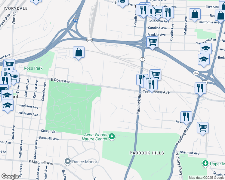 map of restaurants, bars, coffee shops, grocery stores, and more near 931 Tennessee Avenue in Cincinnati