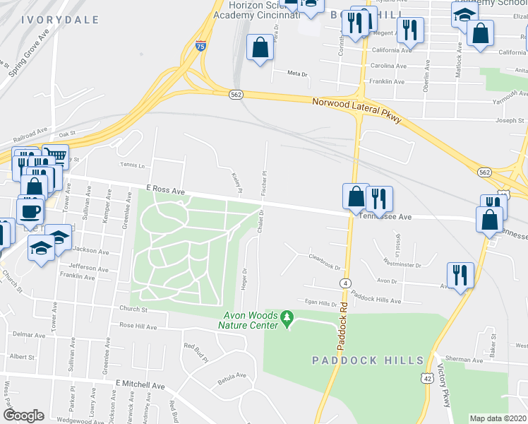 map of restaurants, bars, coffee shops, grocery stores, and more near 5011 Chalet Drive in Cincinnati