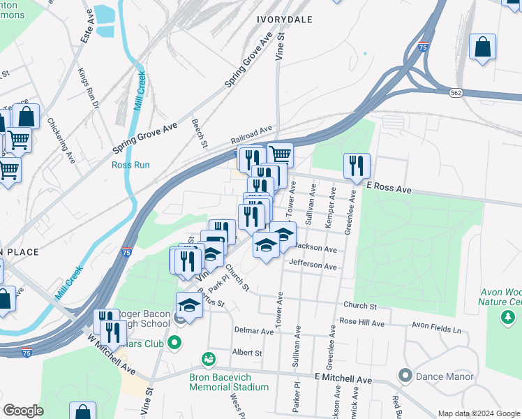 map of restaurants, bars, coffee shops, grocery stores, and more near in Saint Bernard