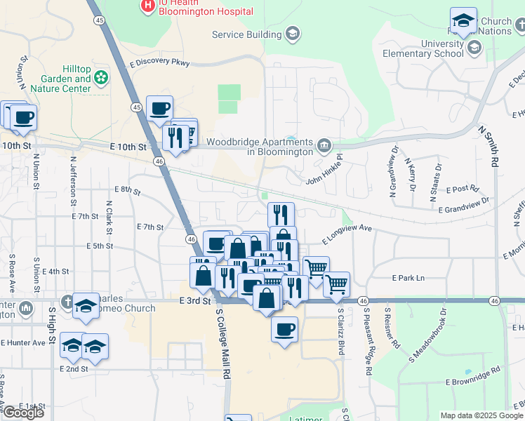 map of restaurants, bars, coffee shops, grocery stores, and more near 301 North Pete Ellis Drive in Bloomington
