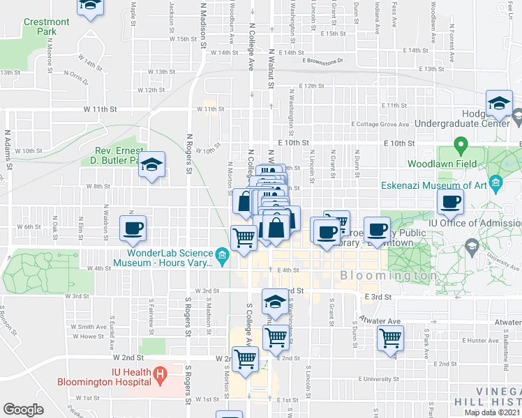 map of restaurants, bars, coffee shops, grocery stores, and more near 210 North Walnut Street in Bloomington