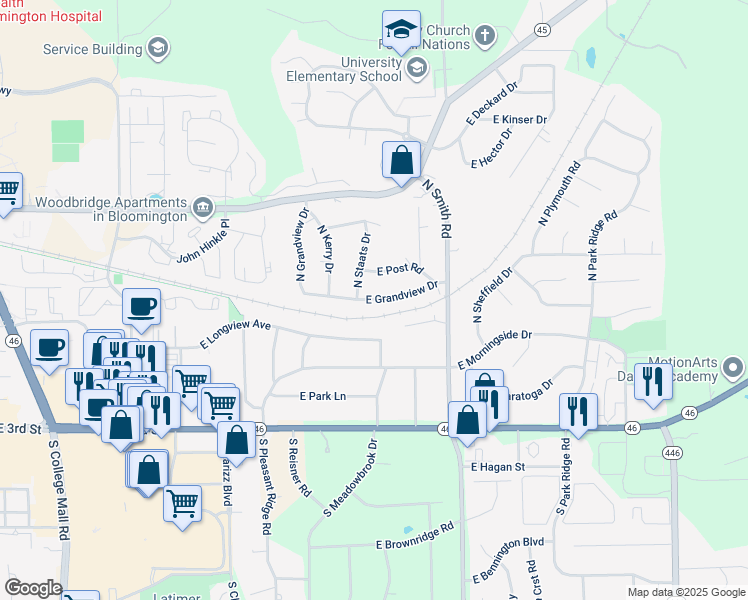 map of restaurants, bars, coffee shops, grocery stores, and more near East Grandview Drive in Bloomington