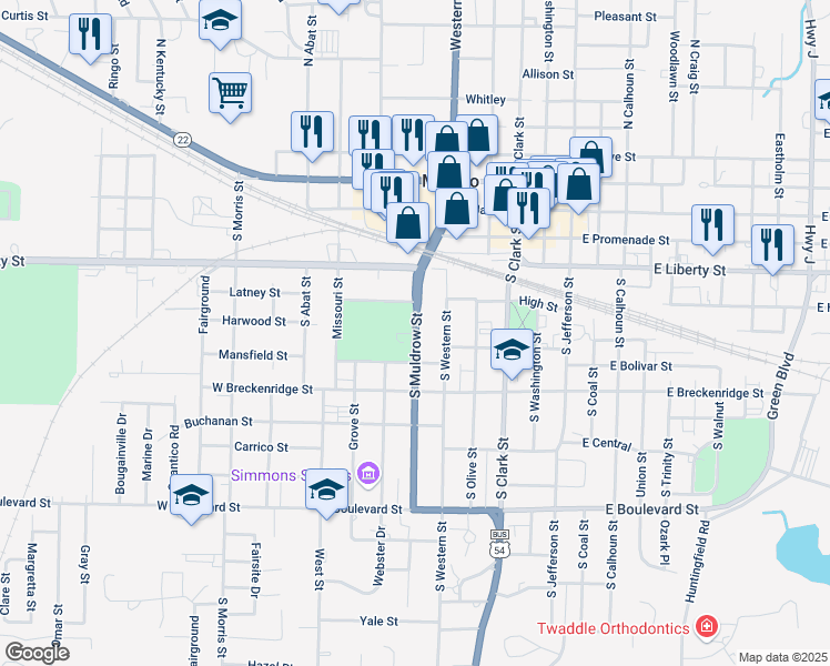 map of restaurants, bars, coffee shops, grocery stores, and more near 501 South Muldrow Street in Mexico