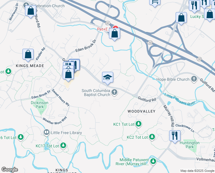 map of restaurants, bars, coffee shops, grocery stores, and more near 8800 Guilford Road in Columbia